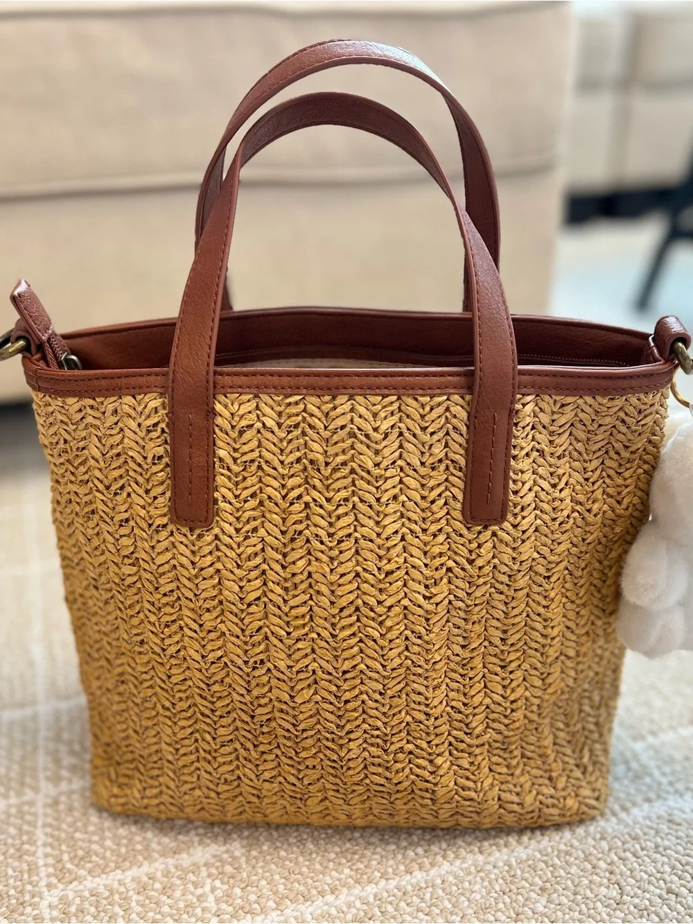 Sonoma Woven Straw Mini Tote in Tan with Brown Trim with a Crossbody Strap
